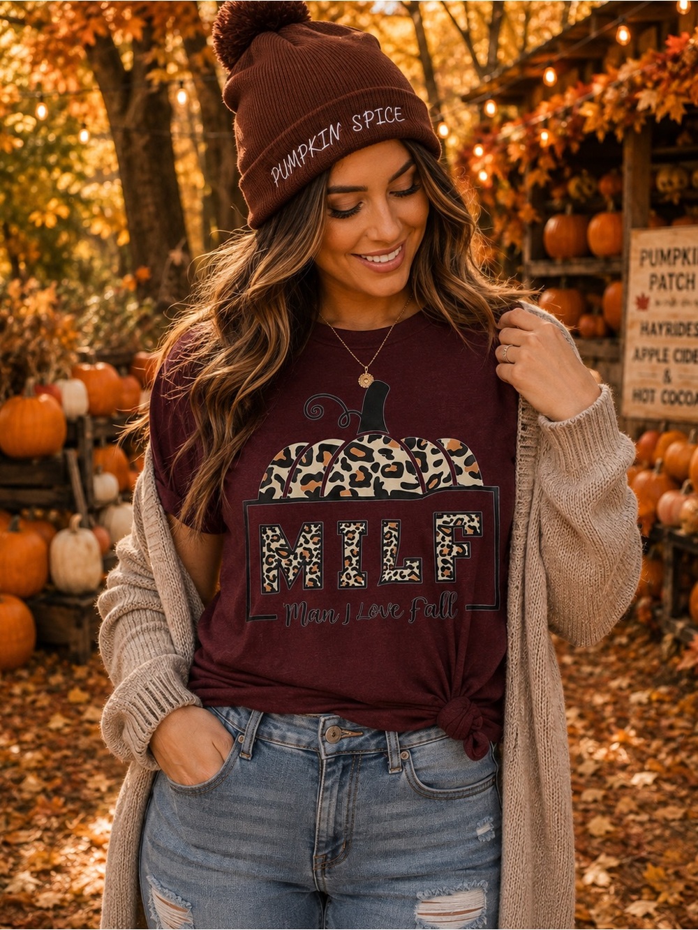 Women's Burgundy Pumpkin Graphic Tee - Fall Leopard Print